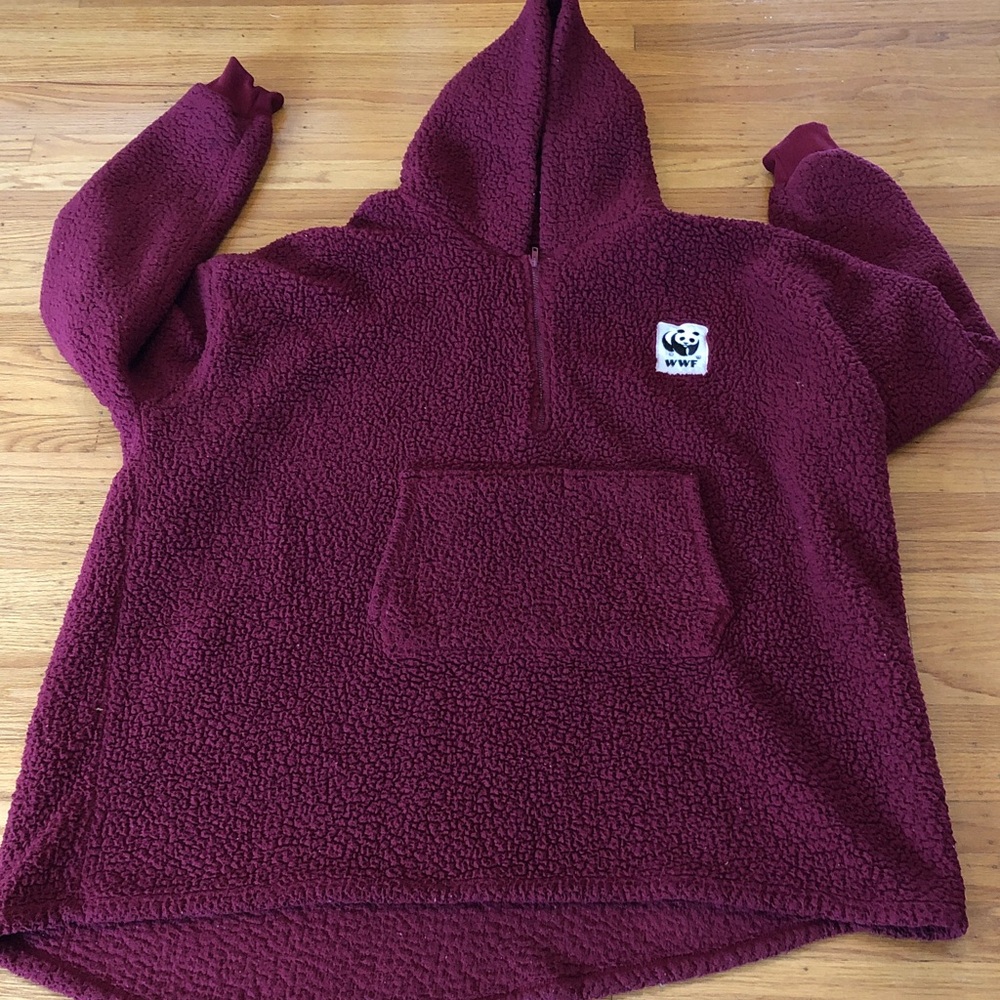 WWF Oversized Burgundy Sherpa Half-Zip Hoodie